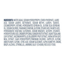 Body wash ingredients panel on the back of a white bottle.