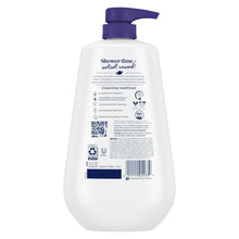 Body wash bottle with purple pump, white bottle back label view.