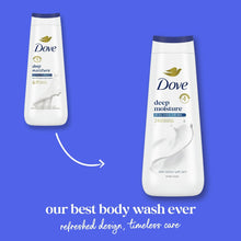 Two Dove deep moisture body wash bottles with blue caps, upright side by side