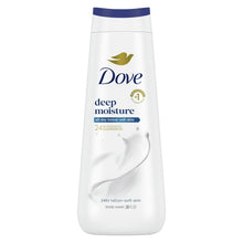 Dove deep moisture body wash bottle with blue cap and cream-white label