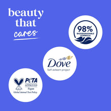 Dove body wash sustainability badges, 98% biodegradable