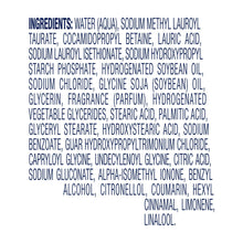 Ingredients panel for liquid body wash in printed text