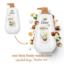 Dove pamper body wash bottles with brown pumps, shea butter and vanilla scent