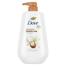 Dove pamper body wash bottle with brown pump, white label, shea butter & vanilla
