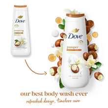 Dove Pamper liquid body wash bottle with floral shower splash graphics