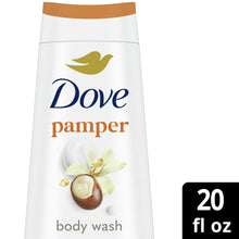 Dove Pamper body wash bottle, white with gold cap, 20 fl oz label