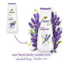 Dove relax body wash bottles with lavender flowers and chamomile graphics