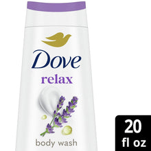 Dove relax body wash bottle, 20 fl oz, with lavender and chamomile label