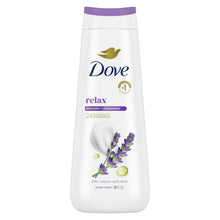 Dove relax body wash bottle with lavender and chamomile label