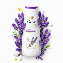 Dove body wash bottle with purple cap and lavender-chamomile label