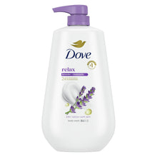 Dove relax body wash bottle with purple pump and lavender-chamomile front