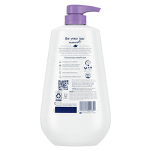 Dove body wash bottle with purple pump, white bottle back label