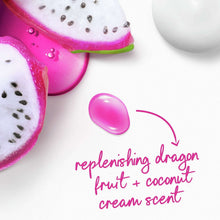 Body wash gel with pink droplets and bubbles, beside dragon fruit slice graphic
