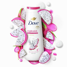Body wash bottle surrounded by dragon fruit slices and pink drops