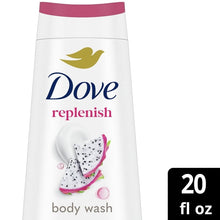 Dove replenish body wash, 20 fl oz, front label with dragon fruit and coconut cream