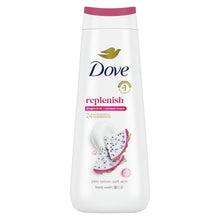 Dove replenish body wash bottle, 20 fl oz, with pink cap and dragon fruit design