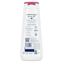 Dove body wash bottle with purple cap and tropical escape back label
