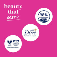 Dove body wash label with 98% biodegradable and PETA approved vegan badges