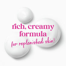 Rich, creamy body wash formula graphic with three glossy white gel dollops