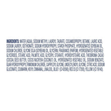 Body wash ingredients list on back label, small printed text