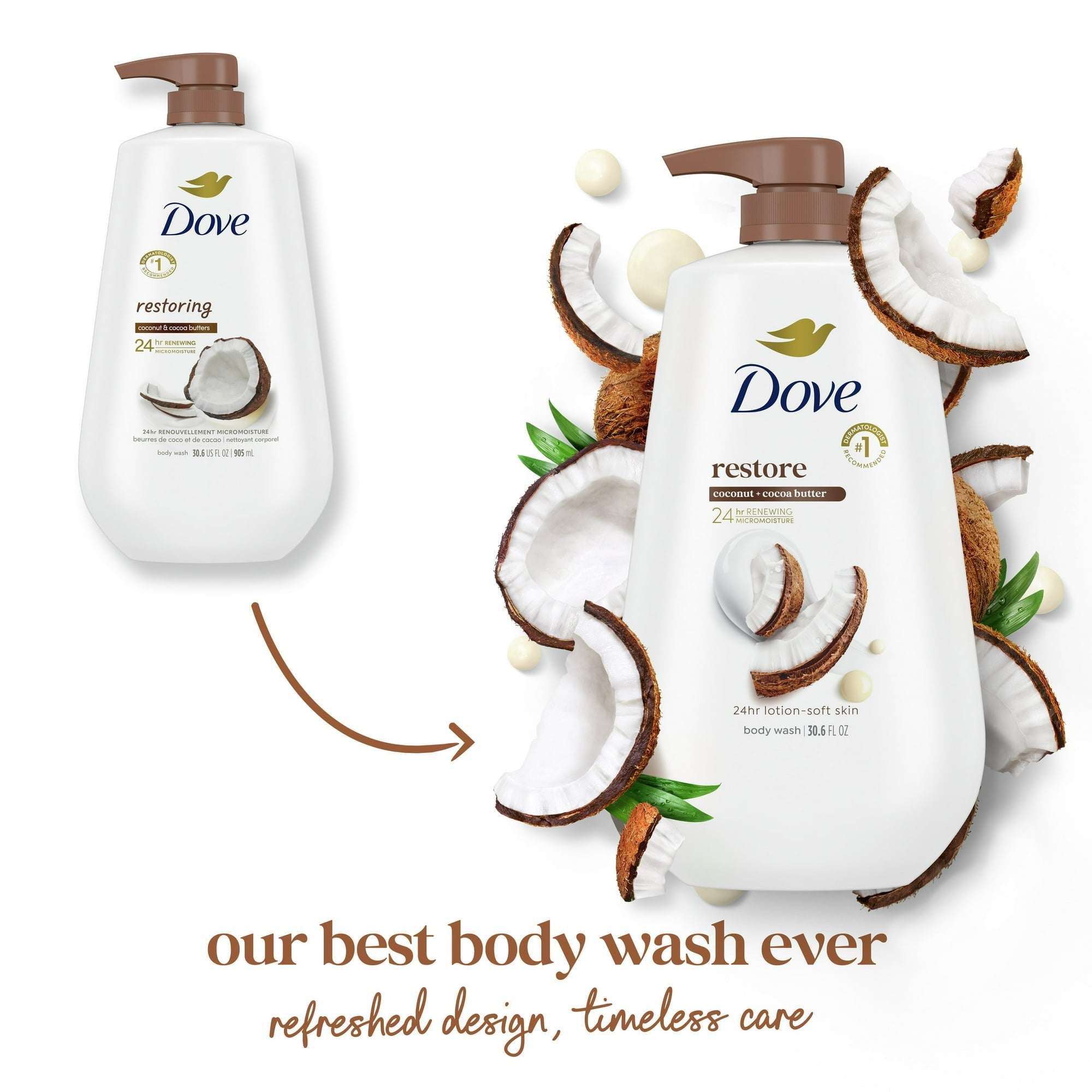 Dove Restoring Gentle Body Wash for Women Coconut & Cocoa Butter, 30.6 oz with Pump
