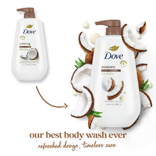 Dove Restore body wash bottles with coconut shells and cocoa butter accents