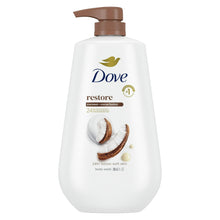 Dove Restore coconut & cocoa butter body wash bottle with pump, white with brown cap