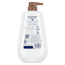 Dove Restore body wash bottle back panel with pump, barcode, and QR code