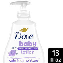 Dove baby lotion bottle close-up showing calming moisture and 13 fl oz