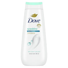 Dove sensitive skin body wash bottle, white with mint-green cap