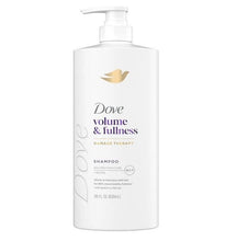 Dove volume & fullness shampoo bottle, 28 fl oz, white pump dispenser.