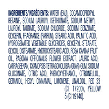 Ingredient label text panel for Dove body wash