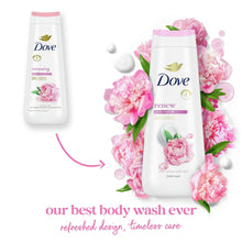 Dove body wash bottle with pink cap and peony rose graphics