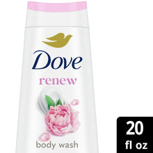 Dove renew body wash bottle label close-up with 20 fl oz and pink flower
