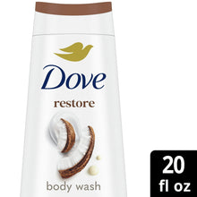 Dove restore body wash bottle close-up, white bottle with brown top