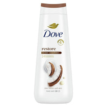 Dove body wash bottle with restore label, white bottle and brown cap