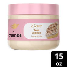 Dove x crumbl Tres Leches body scrub jar with 15 oz size badge