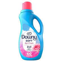 Downy Soft April Fresh 2-in-1 liquid fabric softener bottle, pink cap, blue body