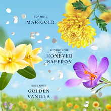 Scent notes card showing marigold, honeyed saffron, and golden vanilla with petals.