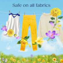 Laundry-safe fabric line with a shirt, pants, and towel in yellow and white, flower accents.