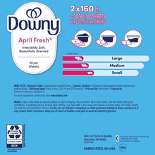 Downy April Fresh dryer sheets box back with usage directions and size info
