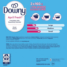 Downy April Fresh dryer sheets box back panel with usage info and sizes