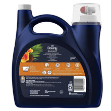 Liquid fabric softener bottle, blue with back label, handle grip, and barcode