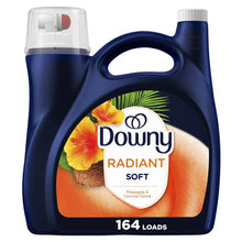 Downy Radiant liquid fabric softener bottle, navy with tropical front label, 164 loads