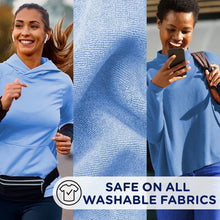 Laundry scent booster for washable fabrics shown on blue shirts and activewear