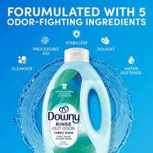 Downy Rinse Out Odor fabric rinse bottle with water droplets and ingredient icons