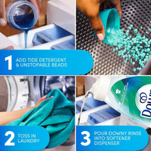 Laundry odor remover rinse out steps graphic with detergent and fabric beads