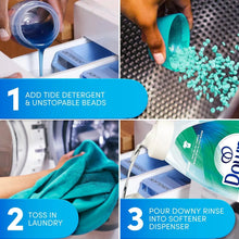 How-to infographic showing laundry rinse steps: detergent, beads, and pour into dispenser