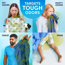 Fabric odor remover concept with people holding clothes with tough odors