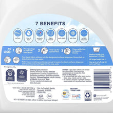 Liquid fabric softener bottle back label with benefit icons and directions.